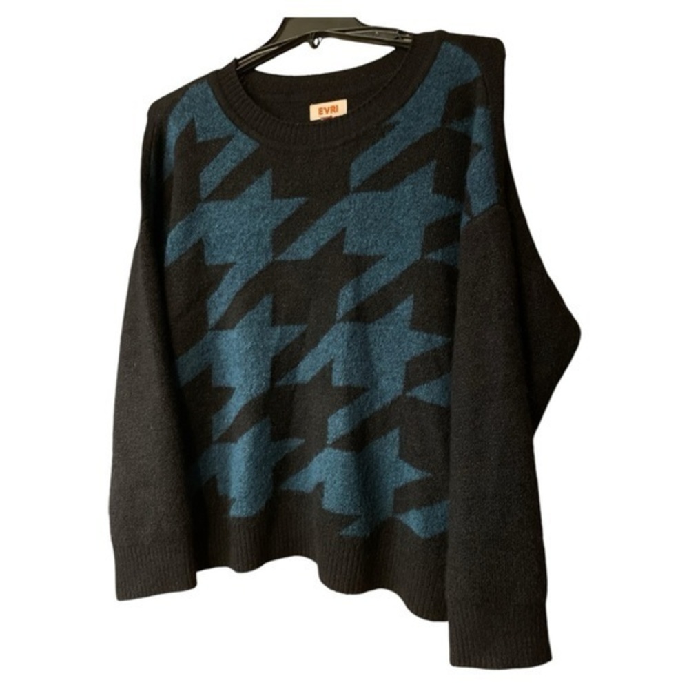 Evri Women’s Plus Houndstooth Sweater‎ Black Teal Size 2X Soft Relaxed